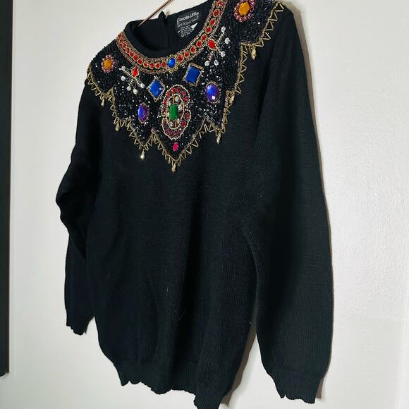 CAROLE LITTLE Vintage Jewel Embroidered 100% Black Wool Sweater Size Large - Picture 2 of 11
